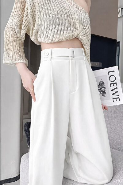Hazel Women's White Belt with Buckle Detail Palazzo Pants