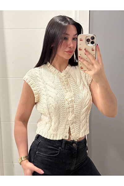 Krem Rengi Triko Yelek