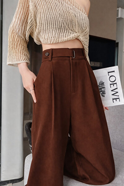 Hazel Women's Brown Belt with Buckle Detail Palazzo Pants