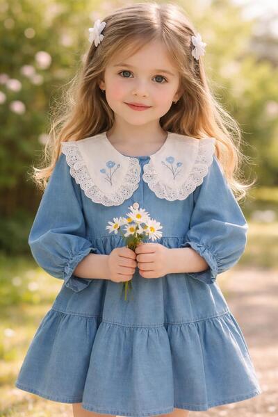 BİLGEN Style Girl's Holiday Peter Pan collar Denim Dress 1-5 Years Old