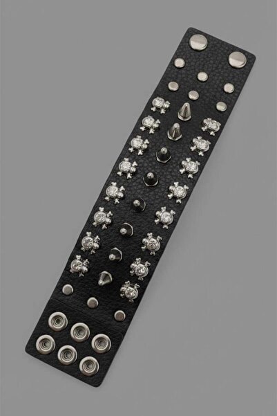 Karakedi Black Gothic 3 Strips Skull Spiked Harajuku Leather Bracelet