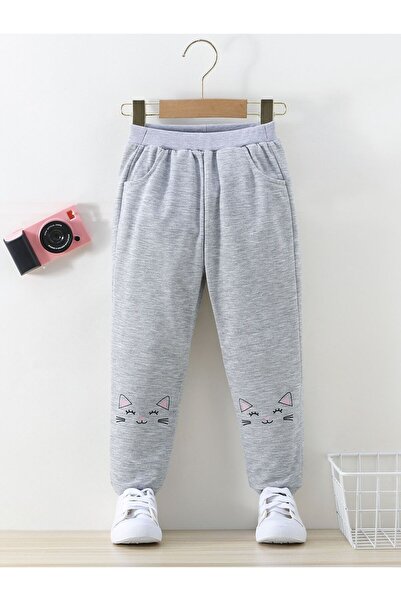 Kids Сив спортен екип с котешки принт на коленете