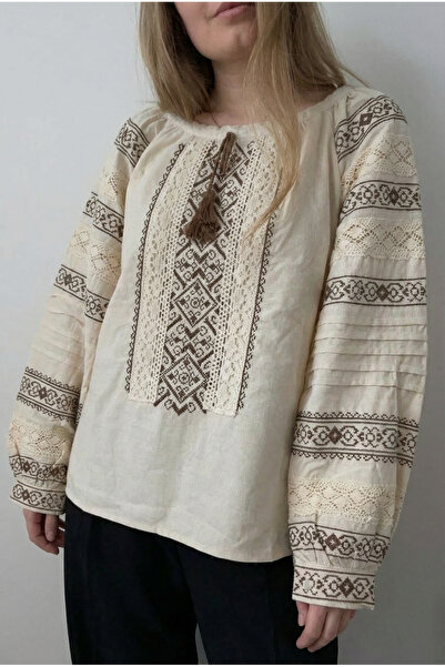 FEMELLE Ethnic Embroidered Lace Detailed Cotton Beige Blouse