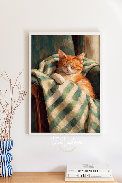 tablodea Pictură în stilul picturii în ulei cu pisică adormită, tablou înrăma...