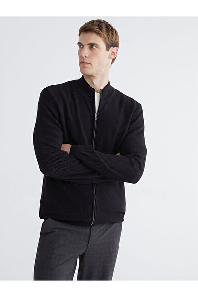 LC Waikiki Mg trenden black standard mold Mock Neck men's knit cardigan