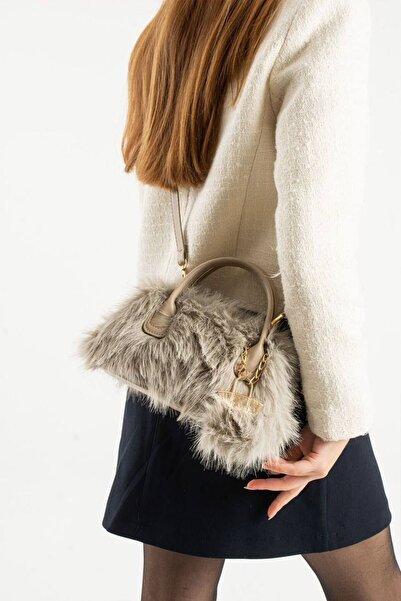 Mortanya Geantă de umăr pentru femei Moss Fur Plush Leather Scholar Charm