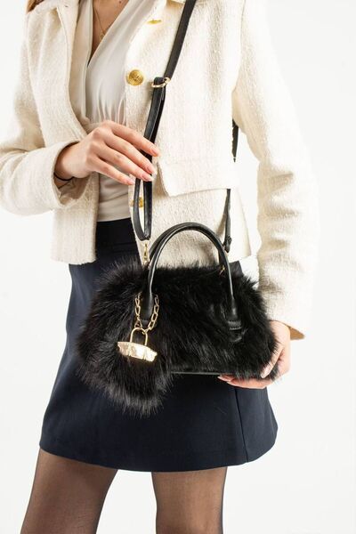 Mortanya Moss Fur Plush Leather Scholarship Charm Detailed Women's Shoulder Bag