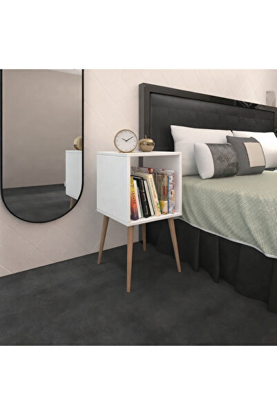 GlowUPMODA Modern Beyaz Komodin – Ahşap Ayaklı Kitaplıklı Yan Sehpa | Yatak O...