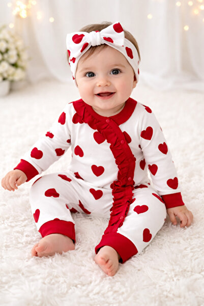 AKİ MODA KİDS Heart Patterned Ruffle Detailed Baby Girl Romper & Bandana Set