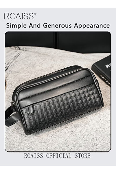 ROAISS Men Business Hand-Woven Clutch Bag PU Leather Wrist Bag Daily Commuting