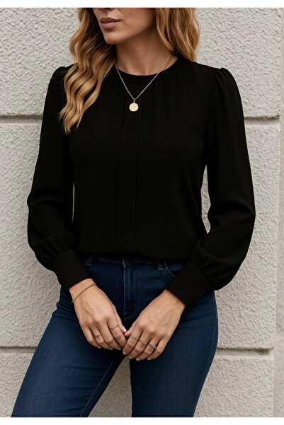 nedo7 Women's Long Sleeve Crew Neck Pleated Imported Crepe Blouse