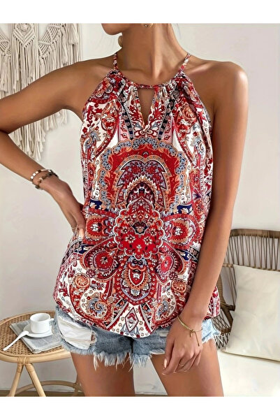 nedo7 Women's Halter Sleeve Drop Detailed Patterned Single Jersey Blouse