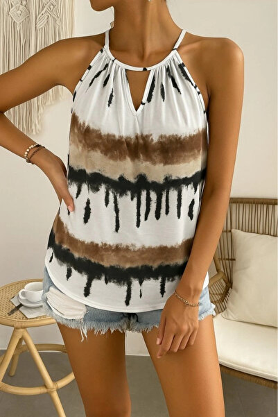 nedo7 Women's Halter Sleeve Drop Detailed Patterned Single Jersey Blouse