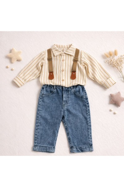 Luna Çizgili Gömlekli Kot Pantolonlu Erkek Bebek 2 Li Takım