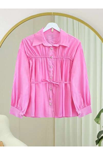 nedo7 Robe gathered waist lace-up shirt - pink