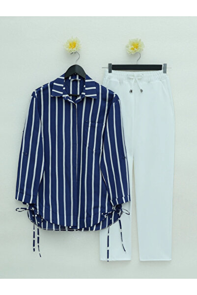 nedo7 Striped Shirt with Side Tie Pockets - Navy