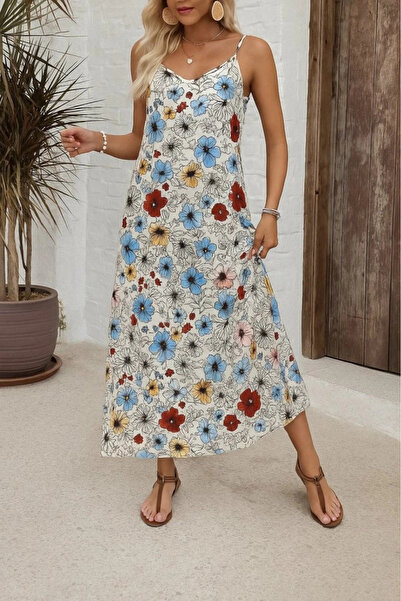 nedo7 Women's Patterned Single Jersey Dress with Wide V-Neck and Rope Strap