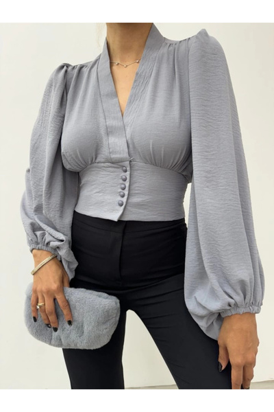 nedo7 Buttoned back elastic balloon sleeve sandy crop - gray