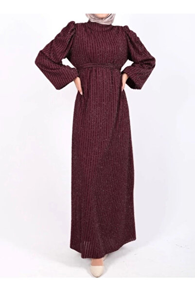 nedo7 Elastic sleeve striped belted dress - burgundy