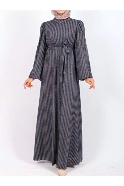 nedo7 Elastic sleeve glitter striped belted dress - gray