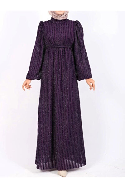 nedo7 Elastic sleeve glitter striped belted dress - purple