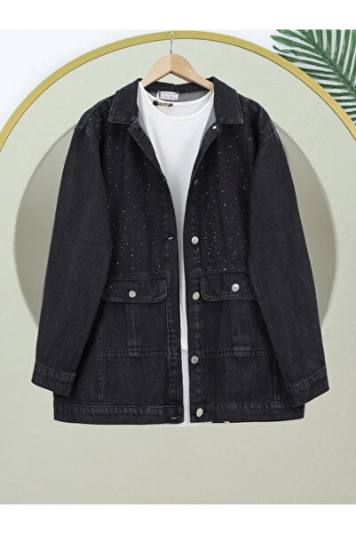 nedo7 Denim Jacket with Spilled Stone Detail and Flap Pocket - Black