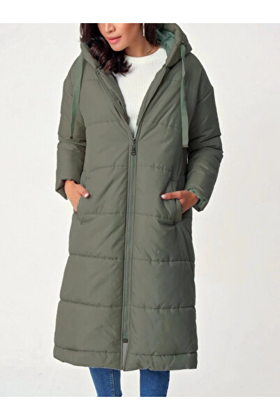 nedo7 Fixed Hooded Bird's Eye Detailed down Coat - Khaki