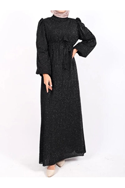 nedo7 Elastic sleeve glitter striped belted dress - black