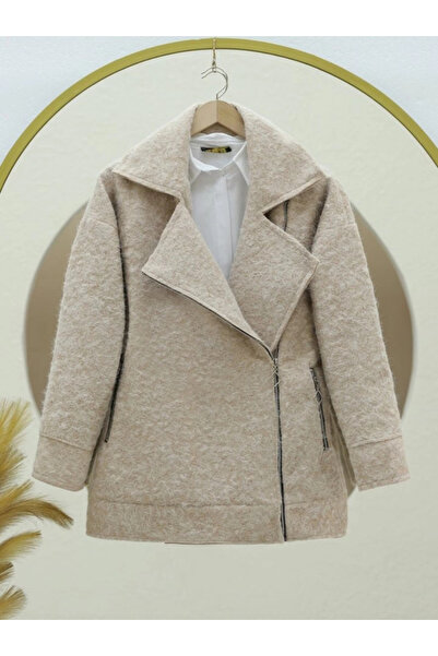 nedo7 Front and pocket zippered lined boucle jacket - beige