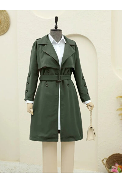 nedo7 Inner Lined Buttoned Belted Trench Coat -Khaki