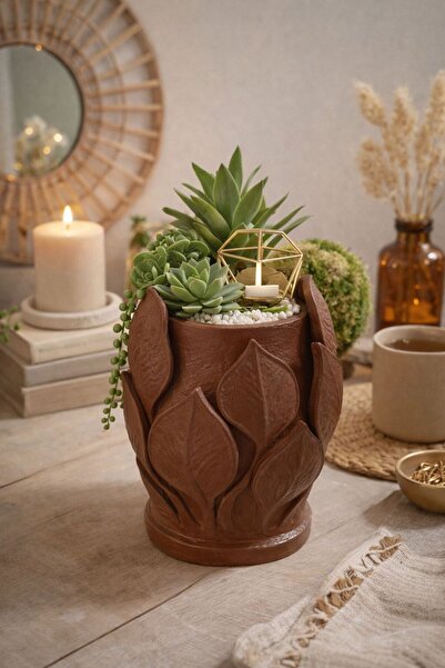 BUBUHOMEDECOR Dekoratif Yaprak Desenli Vazo veya Saksı Kahve Rengi