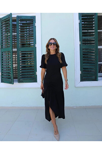 nedo7 فستان نسائي من قماش الكريب Janjan بأكمام قصيرة وفتحة جانبية وياقة دائرية