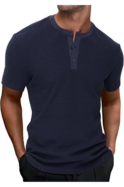 HMIYA Men's T-Shirt with Henley Collar