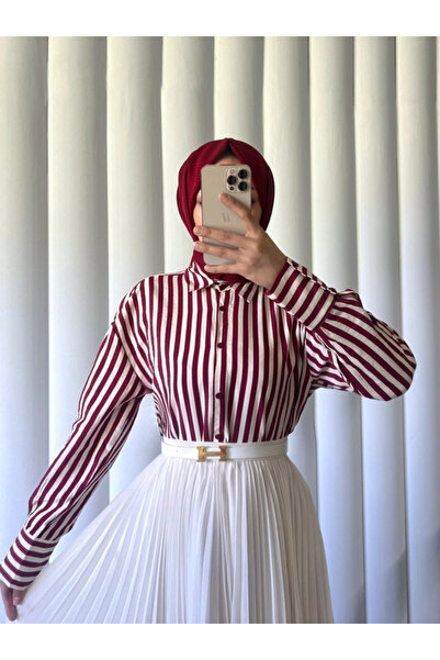 nedo7 Striped Oversize Buttoned Shirt - Claret Red