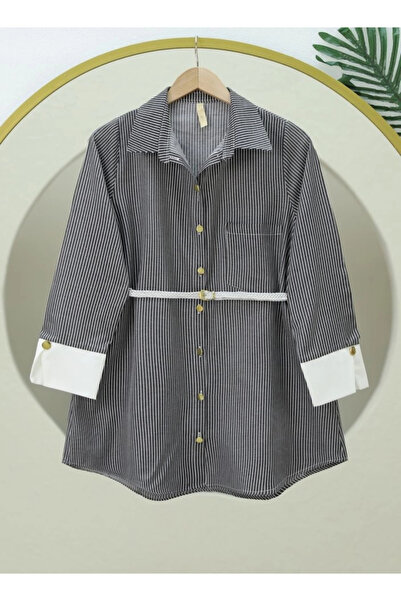 nedo7 Striped Lace-Up Buttons Shirt -Black