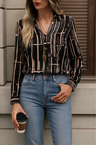 nedo7 Women's Long Sleeve V Neck Patterned Diving Blouse