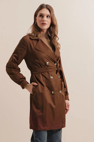 nedo7 5864 Double Breasted Collar Short Trench Coat - Brown