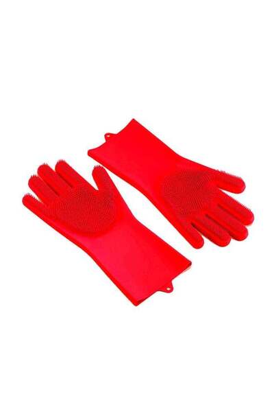 Generic Magic Silicone Gloves With Wash Scrubber Red