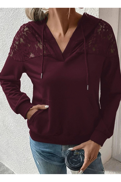 nedo7 Women's Long Sleeve Hooded Lace-Up Ruched Viscose Two Thread Blouse