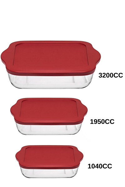 Paşabahçe KIRMIZI KARE KAPAKLI 3 LÜ BORCAM SET (1040CC+1950CC+3200CC)