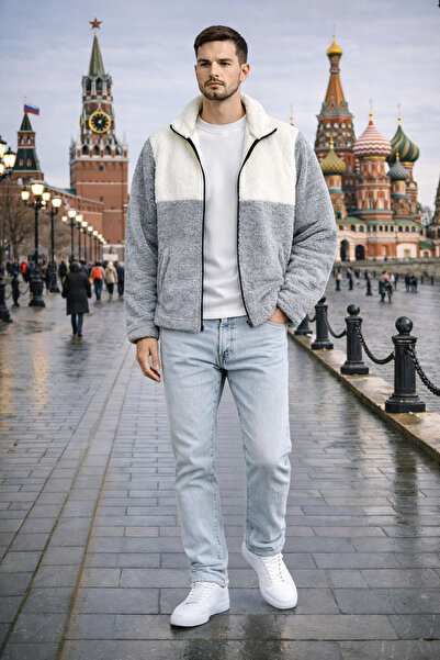 tiggirmoda Oversized Piece Full Zip Plush Jacket and Denim Pants, 2-Piece Set