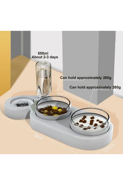 YENİTECH Çift Hazneli Kedi Mama ve Su Kabı 550 ml Su Şişeli, 15° Eğik Tasarım Otomatik 3 Gün idare edebilir