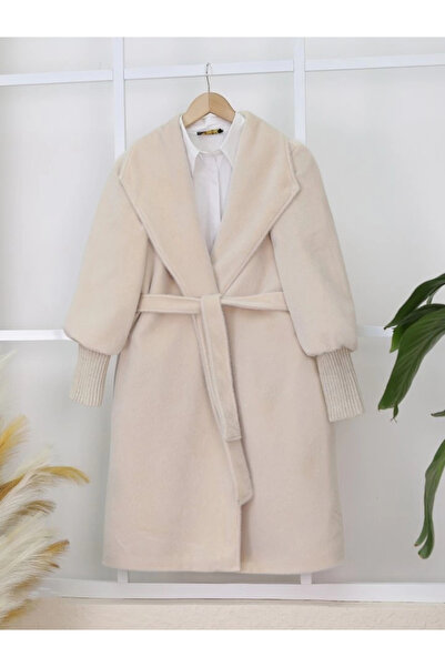 nedo7 Ribbed Sleeve Shawl Collar Lined Cashmere Coat - Cream