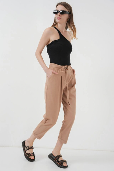 nedo7 6660 Belted Linen Trousers - Biscuit