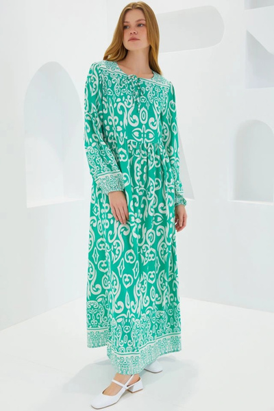 nedo7 Green Ecru Patterned Long Viscose Dress 1947