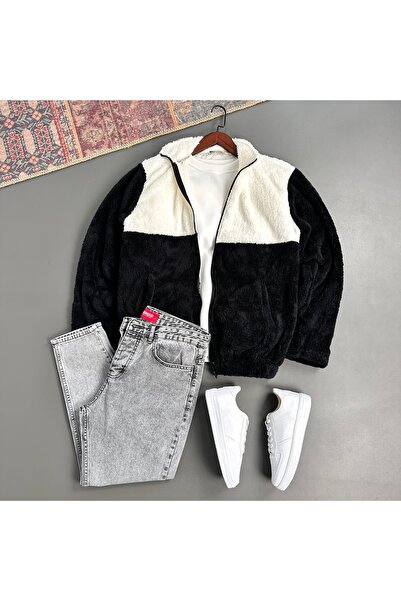 tiggirmoda Oversized Piece Full Zip Plush Jacket and Denim Pants, 2-Piece Set