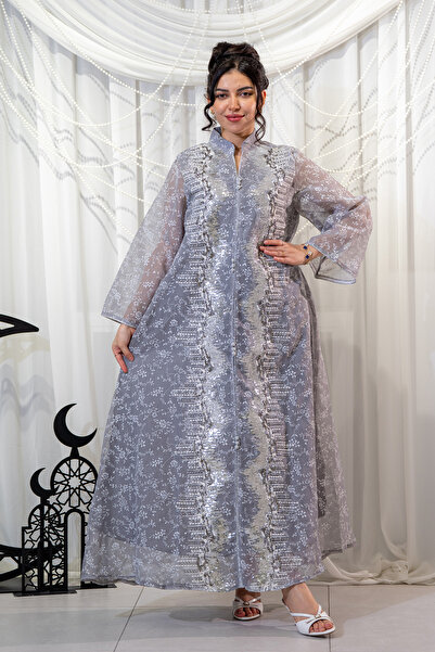 Hasnaa Abaya Elegant Ramadan jalabiya in silver with beadwork and sequins