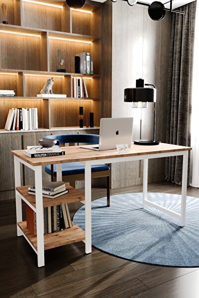 reflekta 140 Cm Beyaz Raflı Çalışma Masası İki Raflı Masa Metal Ayaklı