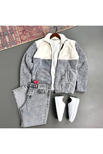 tiggirmoda Oversized Piece Full Zip Plush Jacket and Denim Pants, 2-Piece Set