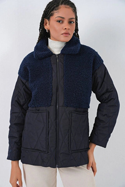 nedo7 5182 Plush Detailed Oversized Inflatable Jacket - Navy Blue